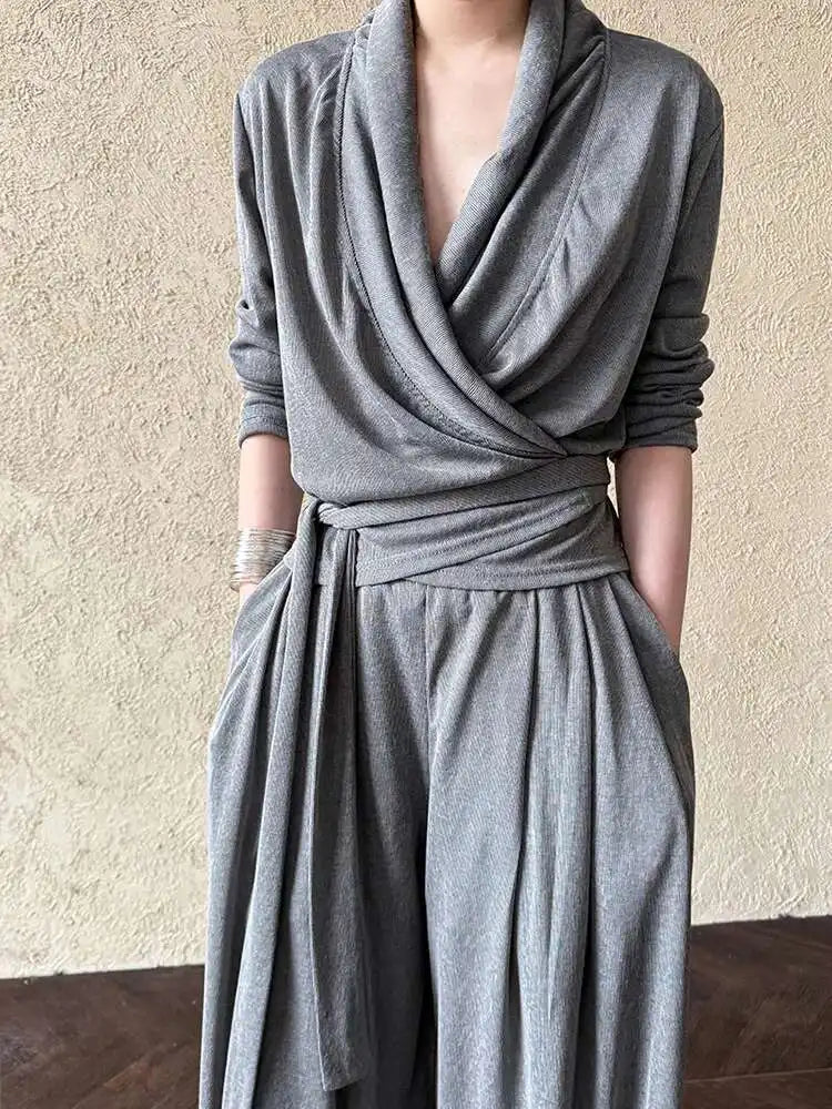 Bandage Elegant T-shirt Wide Leg Pants Two Piece Suit New V-Neck Long Sleeve Women Fashion Tide Spring Autumn 2025 1DJ0103