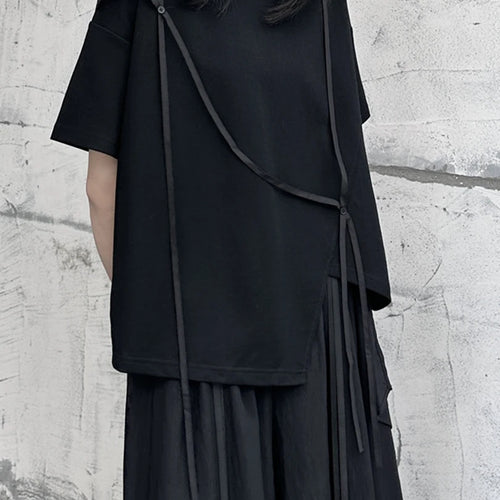 Load image into Gallery viewer, Women White String Desgin Big Size Casual T-shirt New Round Neck Short Sleeve Fashion Tide Spring Summer 2025 1DF9658
