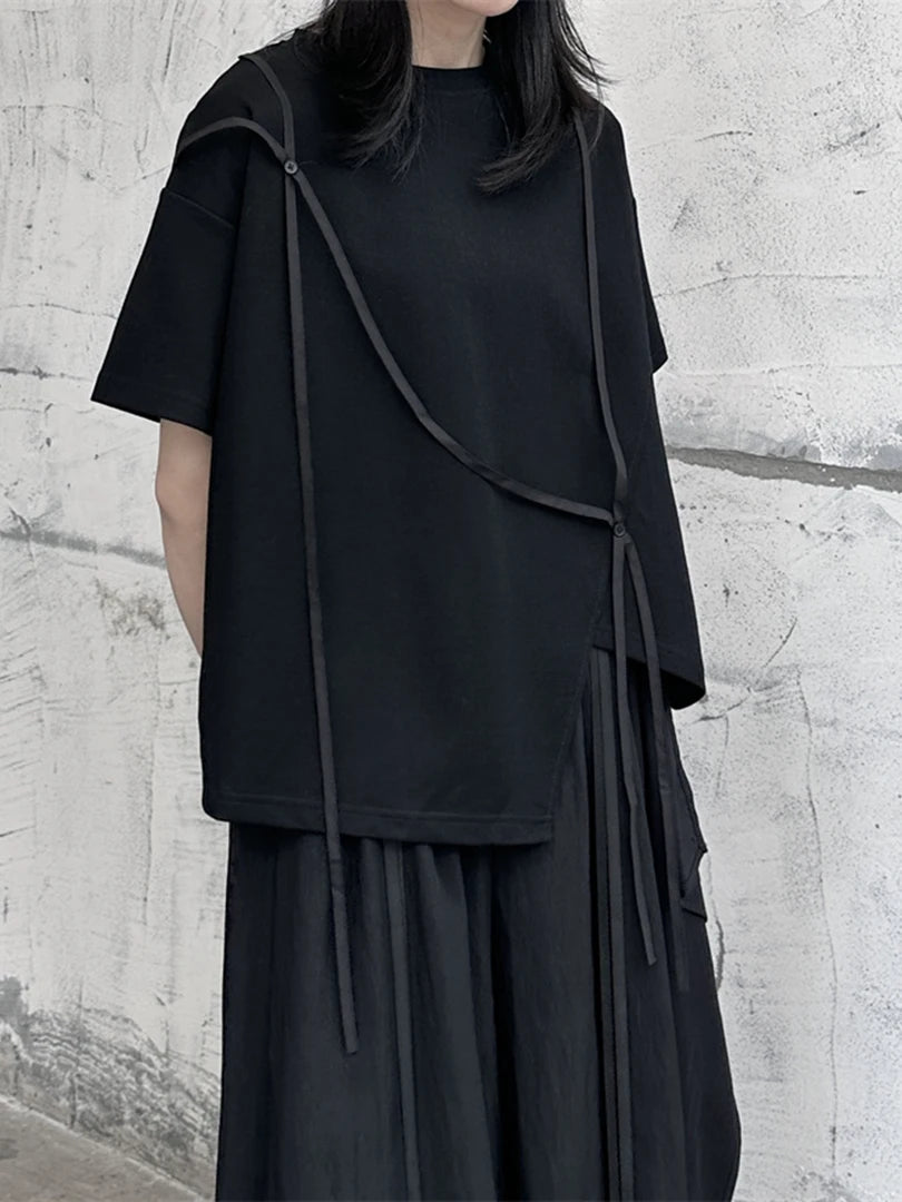 Women White String Desgin Big Size Casual T-shirt New Round Neck Short Sleeve Fashion Tide Spring Summer 2025 1DF9658