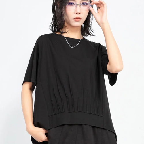 Load image into Gallery viewer, Women White Pleated Irregular Big Size Casual T-shirt New Round Neck Short Sleeve Fashion Tide Spring Summer 2025  1DJ0961
