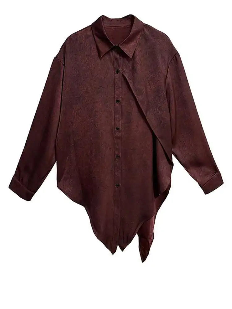 Women Red Irregular Hem Back Slit Big Size Blouse New Lapel Long Sleeve Shirt Fashion Tide Spring Autumn 2025 1DH9230