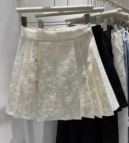 Beige Embroidery Floral Women Pleated Skirts 2024 New Chinese Style Black High Waist Slim A-line Spring Summer Retro Short Skirt