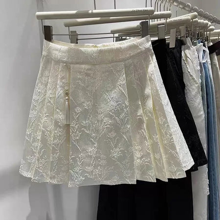 Beige Embroidery Floral Women Pleated Skirts 2024 New Chinese Style Black High Waist Slim A-line Spring Summer Retro Short Skirt