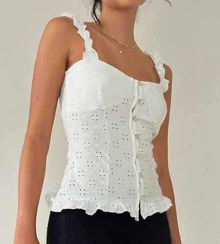 Y2K Aesthetics Hollow Out Lace Patchwork Camisole Women Summer Fold With Buttons Slimming Tops Cute Frill Trim Design