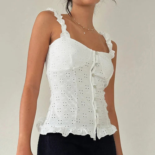 Load image into Gallery viewer, Y2K Aesthetics Hollow Out Lace Patchwork Camisole Women Summer Fold With Buttons Slimming Tops Cute Frill Trim Design
