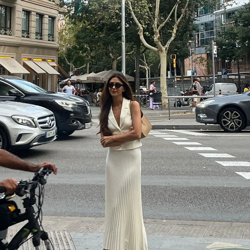 Load image into Gallery viewer, Fashion Skirt Two Piece Sets Women Notched Collar Sleeveless Crop Tops And Midi Skirt Femme Elegant Pleated Skirt Sets
