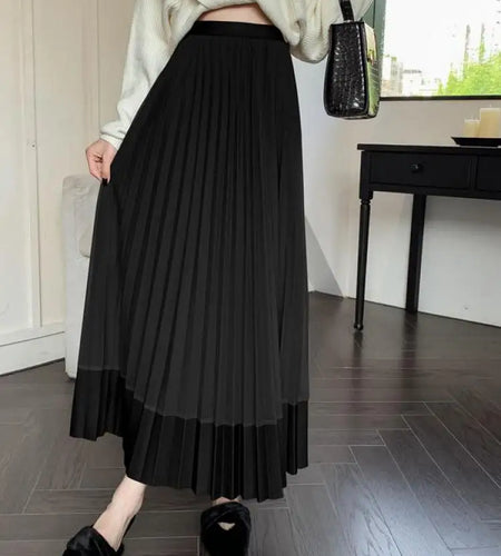 Autumn Winter New Black Beige Patchwork Mesh Elegant High Waist Long Skirt Women Brown Festival Pleated Skirt Simplicity Popular