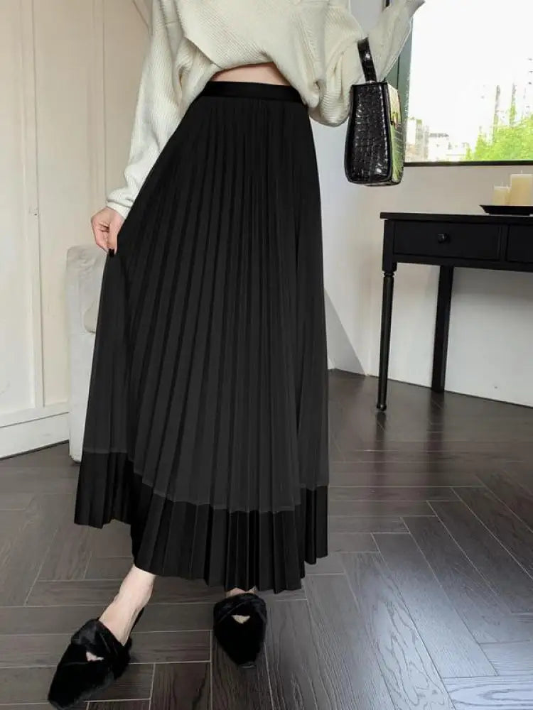 Autumn Winter New Black Beige Patchwork Mesh Elegant High Waist Long Skirt Women Brown Festival Pleated Skirt Simplicity Popular