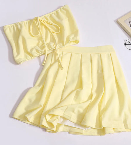 Summer Solid Eleagnt Two-piece Set Women Backless Sleeveless Strapless Lace-up Tops And High Waist Mini Pleated Skirt Suit 2024