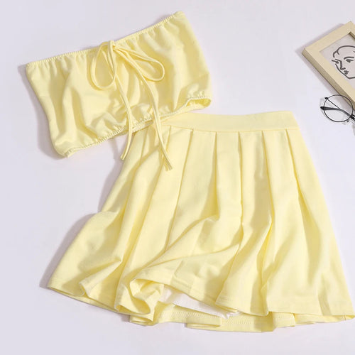 Load image into Gallery viewer, Summer Solid Eleagnt Two-piece Set Women Backless Sleeveless Strapless Lace-up Tops And High Waist Mini Pleated Skirt Suit 2024
