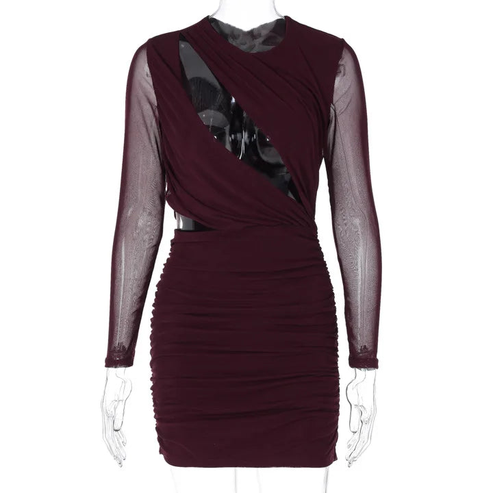Elegant Hollow Out Sexy Mini Dress For Women Wine Red O Neck Sheer Long Sleeve Bodycon Club Party Sexy Dress Vestidos