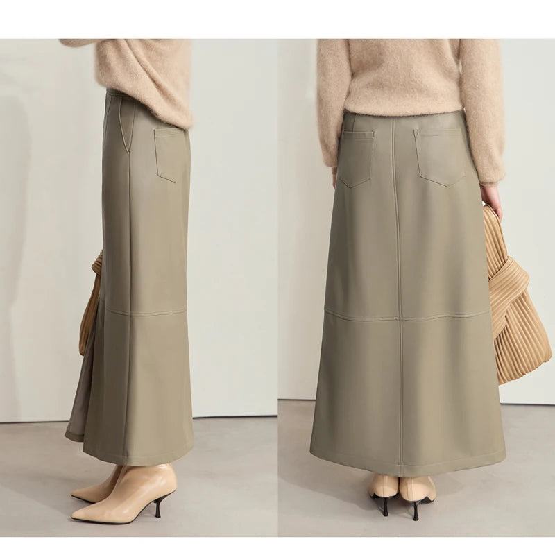 Minimalist Women's Retro Leather Skirts Eco-friendly PU Split A-line Female 2024 Winter Simple Commuter Clothing 12444182