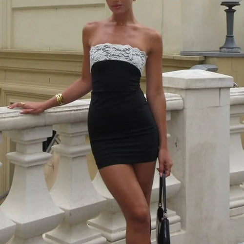 Load image into Gallery viewer, Lace Strapless Sexy Mini Dress For Women Robe Patchwork Off-shoulder Sleeveless Backless High Waist Bodycon Club Dress
