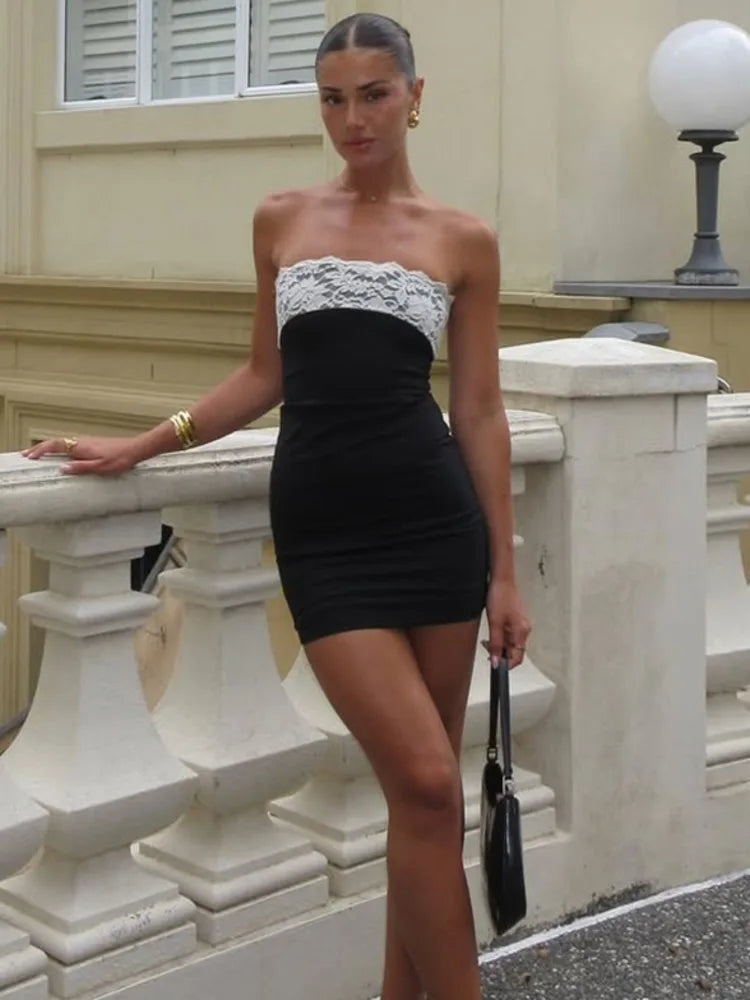 Lace Strapless Sexy Mini Dress For Women Robe Patchwork Off-shoulder Sleeveless Backless High Waist Bodycon Club Dress