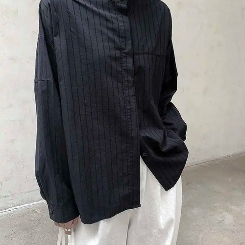 Load image into Gallery viewer, Women Black Striped Vintage Big Size Blouse New Stand Collar Long Sleeve Shirt Fashion Tide Spring Autumn 2025 1DH8363
