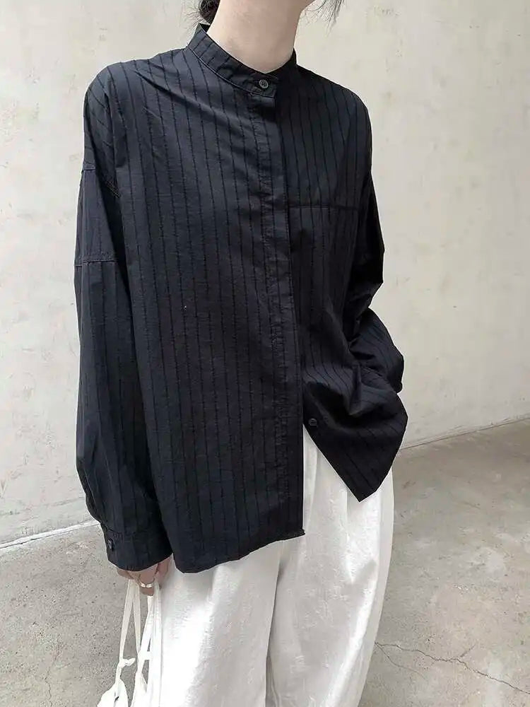 Women Black Striped Vintage Big Size Blouse New Stand Collar Long Sleeve Shirt Fashion Tide Spring Autumn 2025 1DH8363