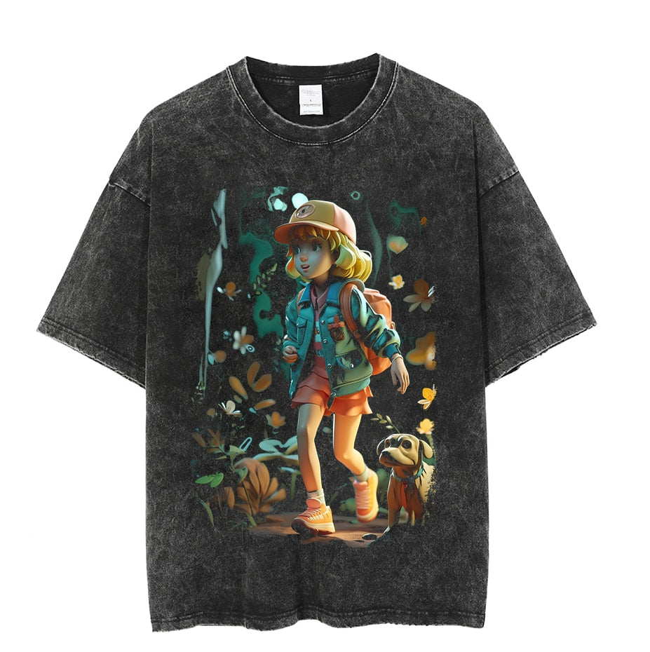 Vintage Washed Tshirts Anime T Shirt Harajuku Oversize Tee Cotton fashion Streetwear unisex top 1