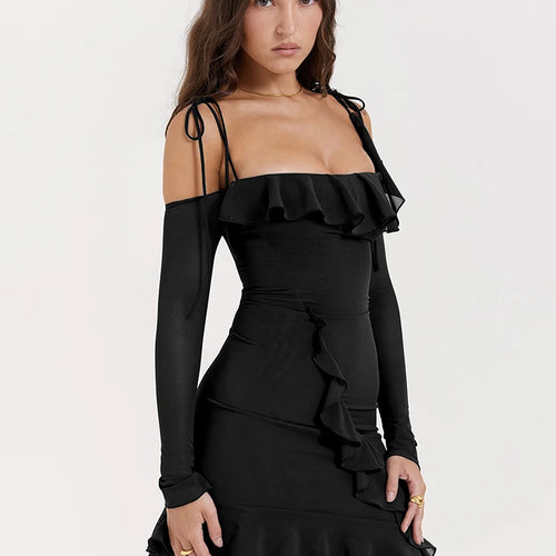 Load image into Gallery viewer, Sexy Strap One Line Neck Double Layer Long Sleeve Dress Women's Slim Fit Ruffles Irregular Mini Dress Sweet Party Club
