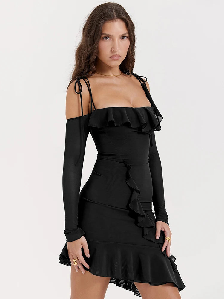 Sexy Strap One Line Neck Double Layer Long Sleeve Dress Women's Slim Fit Ruffles Irregular Mini Dress Sweet Party Club