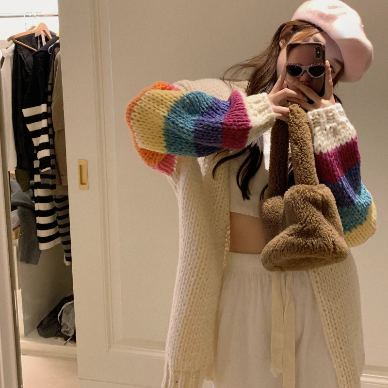 Vintage Rainbow Striped Sweaters Female Casual Sweet Y2k Cardigan Korean Fashion Knitted Top 2025 Autumn Kardigany