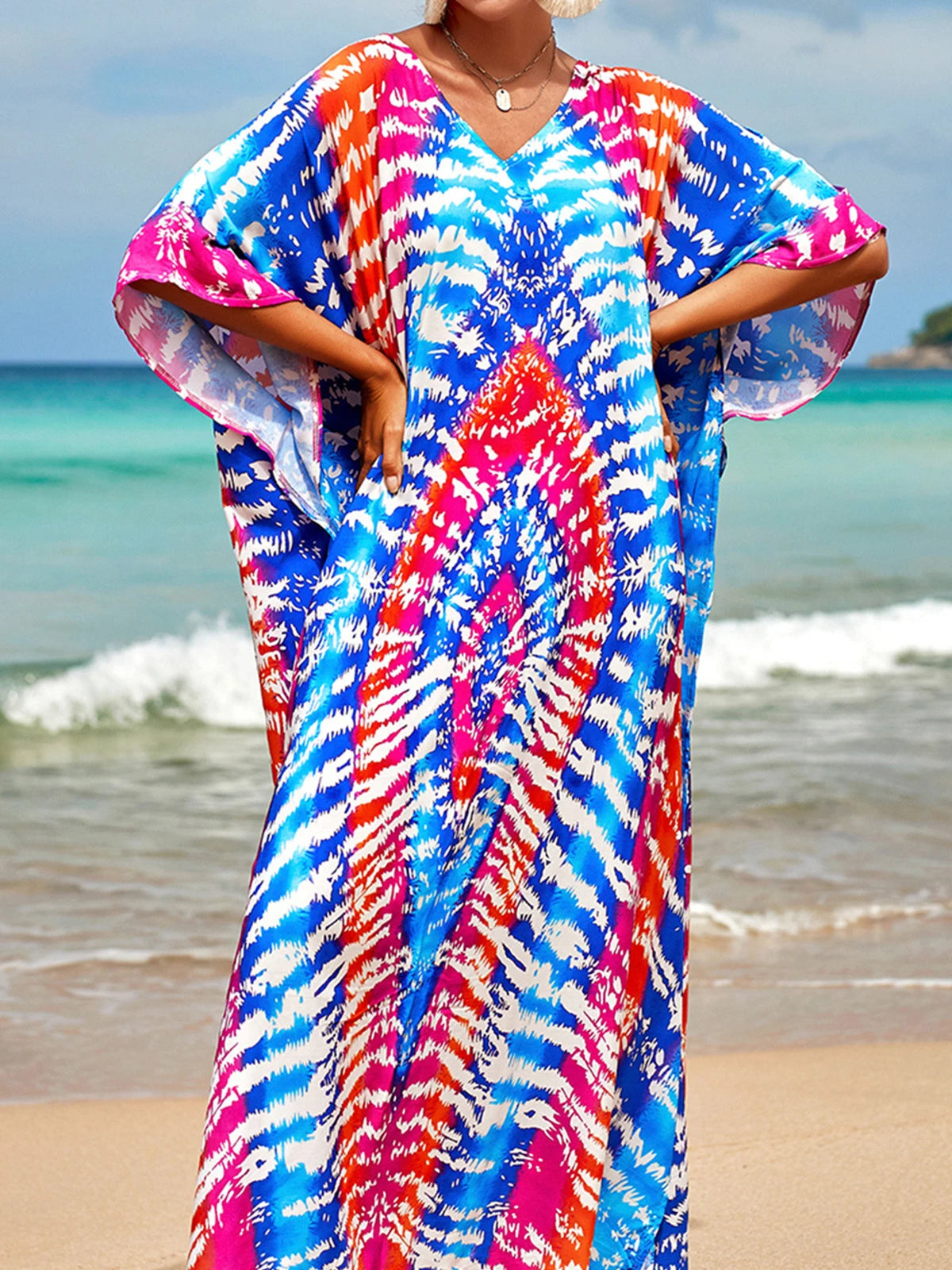 Colorful Kaftan Tunic Beach Cover Up Cover-ups Beach Dress Beach Wear Beachwear Loose Maxi Dress Female Women V4428