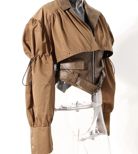 Coffee Pleated Belted Drawstring Leather Jacket New Lapel Long Sleeve Women Coat Fashion Tide Spring Autumn 2025 1DF5260