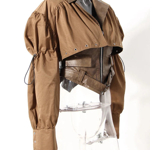 Load image into Gallery viewer, Coffee Pleated Belted Drawstring Leather Jacket New Lapel Long Sleeve Women Coat Fashion Tide Spring Autumn 2025 1DF5260
