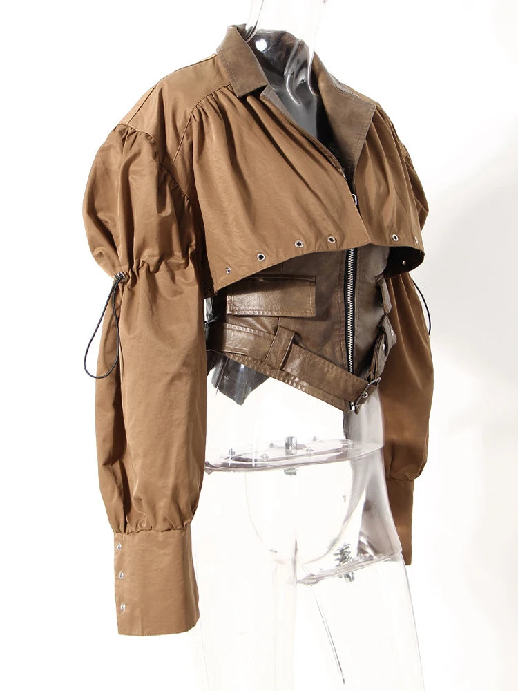 Coffee Pleated Belted Drawstring Leather Jacket New Lapel Long Sleeve Women Coat Fashion Tide Spring Autumn 2025 1DF5260