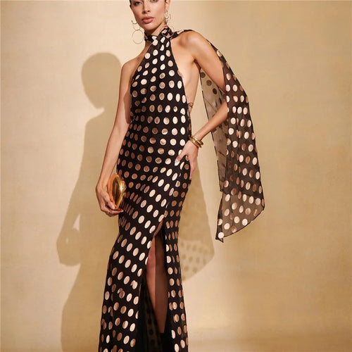 Load image into Gallery viewer, Round Plaid Printed Maxi Dress For Women Gown Halter Off-shoulder Sleeveless Backless Evening Club Long Dress Elegant
