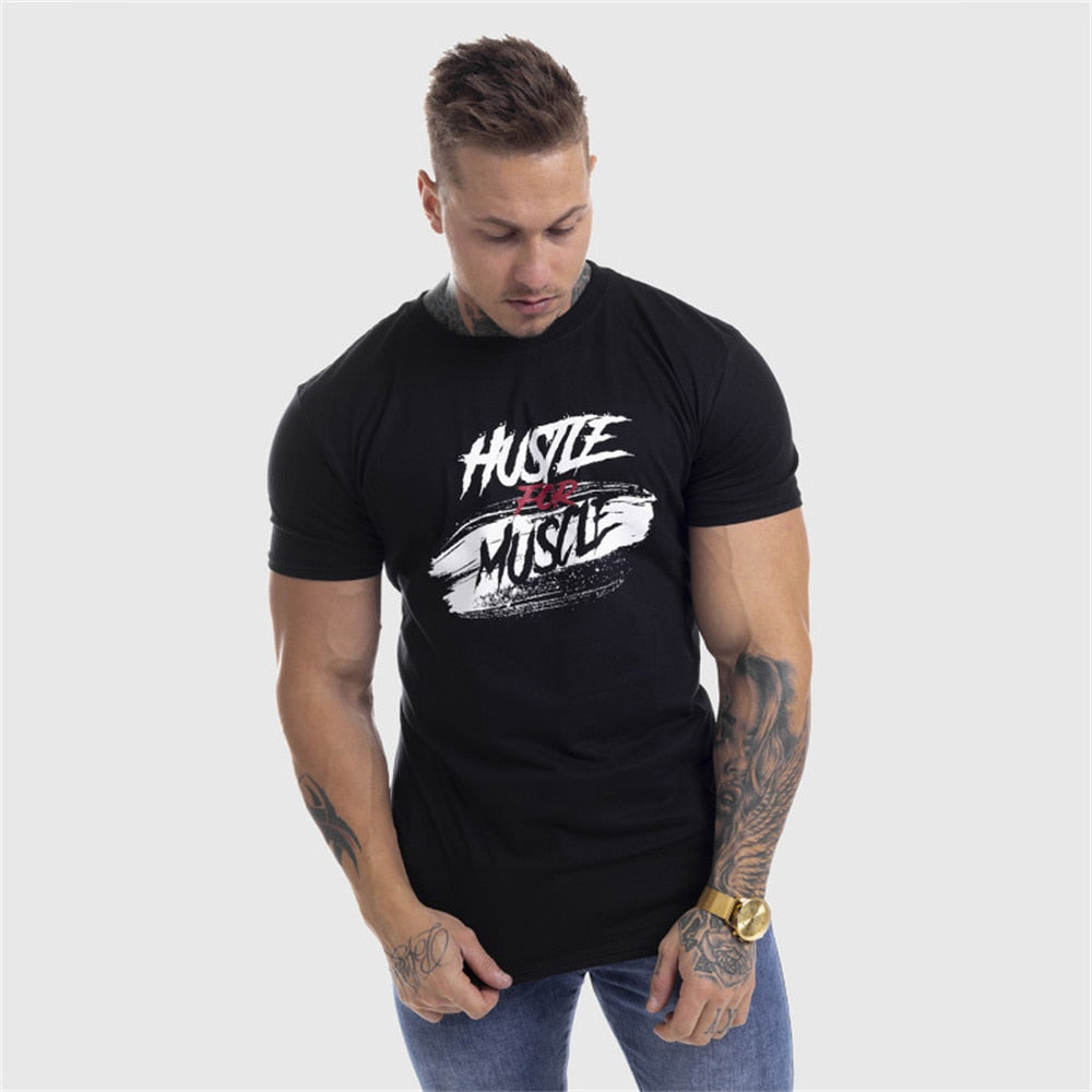 Men Cotton Short Sleeve T-shirt Gym Fitness Workout Skinny Shirt Male Summer New Casual Tees Tops Bodybuilding Training Clothing