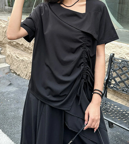 Women Black Irregular Drawstring Big Size T-shirt New Skew Collar Short Sleeve Fashion Tide Spring Summer 2025 1DJ1374