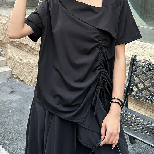 Load image into Gallery viewer, Women Black Irregular Drawstring Big Size T-shirt New Skew Collar Short Sleeve Fashion Tide Spring Summer 2025 1DJ1374
