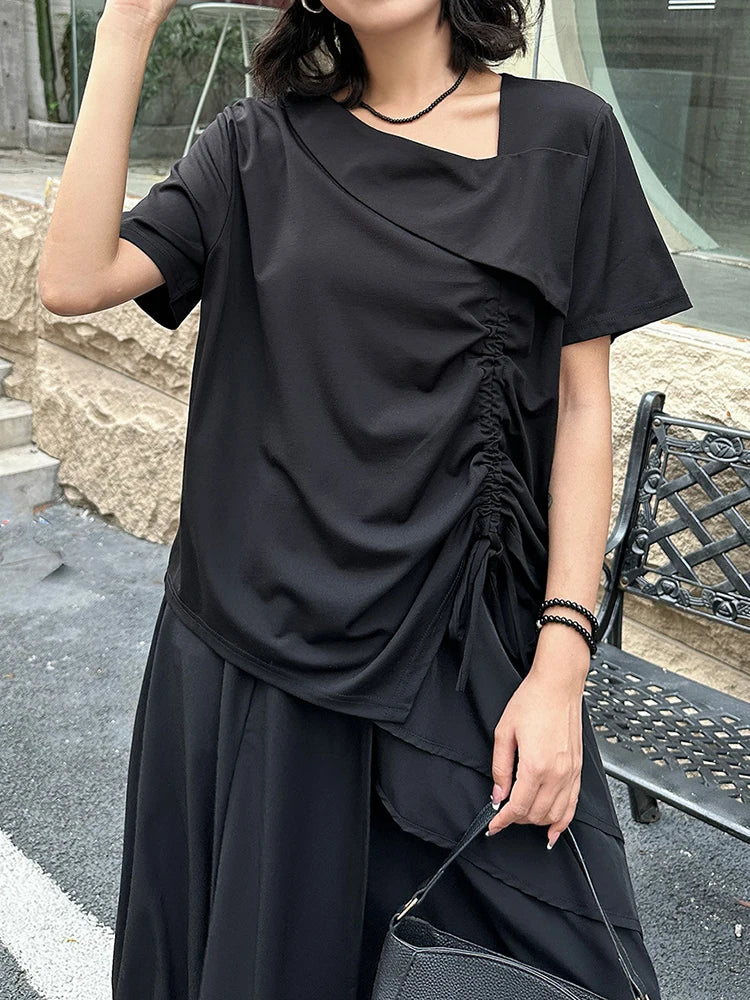 Women Black Irregular Drawstring Big Size T-shirt New Skew Collar Short Sleeve Fashion Tide Spring Summer 2025 1DJ1374