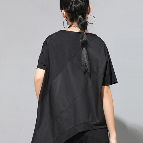 Load image into Gallery viewer, Women Black Irregular Hem Spliced Big Size T-shirt New Round Neck Short Sleeve Fashion Tide Spring Summer 2025 1DJ1765
