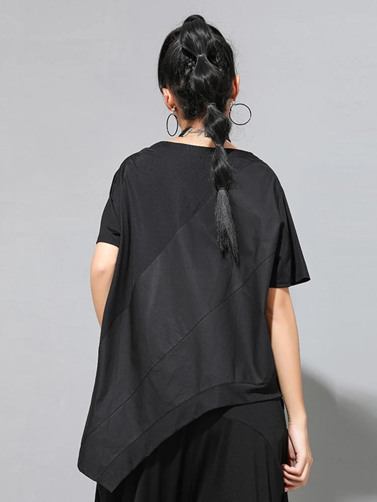 Women Black Irregular Hem Spliced Big Size T-shirt New Round Neck Short Sleeve Fashion Tide Spring Summer 2025 1DJ1765