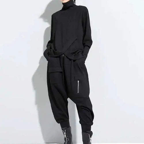 Load image into Gallery viewer, Women Black Irregular Split Joint Big Size T-shirt New Turtleneck Long Sleeve  Fashion Tide Spring Autumn 2025 1DC670
