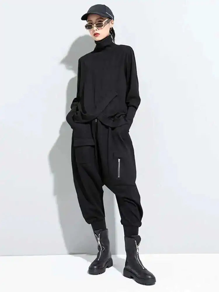 Women Black Irregular Split Joint Big Size T-shirt New Turtleneck Long Sleeve  Fashion Tide Spring Autumn 2025 1DC670