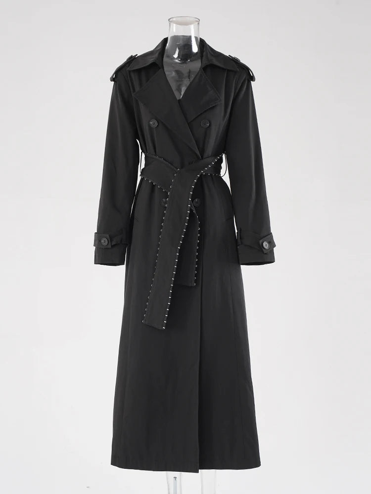 Women Black Belted Big Size Long Elegant Trench New Lapel Long Sleeve Windbreaker Fashion Tide Spring Autumn 2025 CPDB265