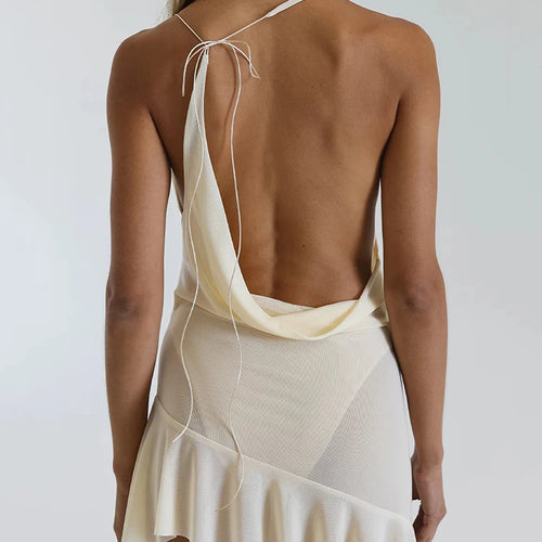 Load image into Gallery viewer, Sexy Hanging Collar Backless Deep V Dress For Women Lace Up Pleats Ruffled Edges Skirt Slim Party Nightclub Beachwear
