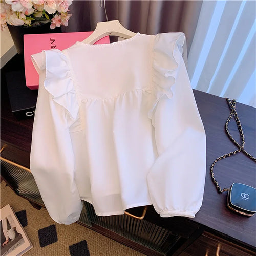 Load image into Gallery viewer, Vintage French White Elegant Loose Button Party Shirt Sweet Long Sleeves Ruffles O Neck Tops Women Orange Office Lady Blouse New
