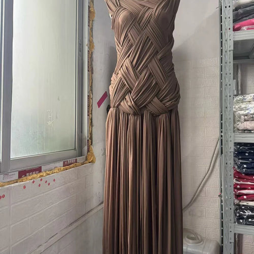 Load image into Gallery viewer, Slimming Sheer Spliced Shirring Fashion Dresses for Women Round Neck Sleeveless Split Elegant Dress Female Clothing
