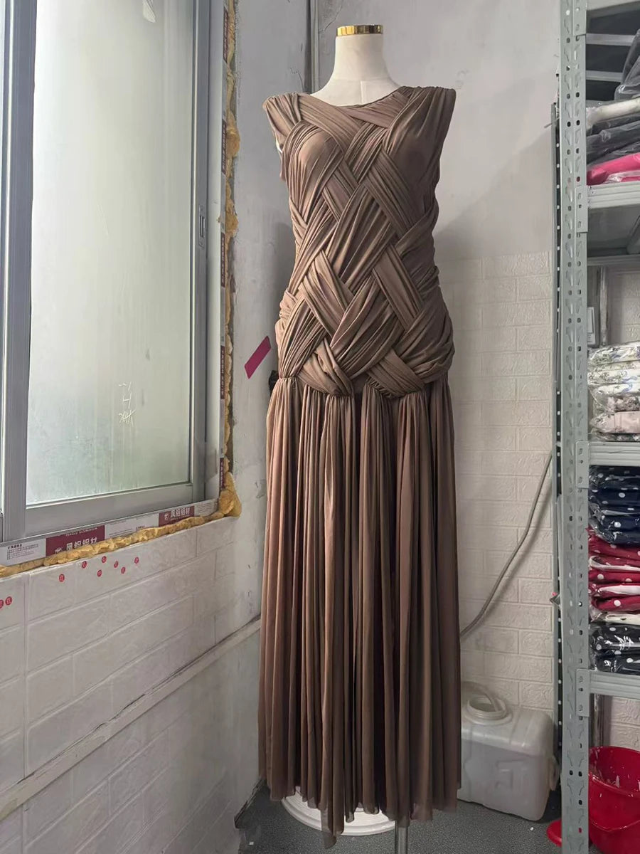 Slimming Sheer Spliced Shirring Fashion Dresses for Women Round Neck Sleeveless Split Elegant Dress Female Clothing