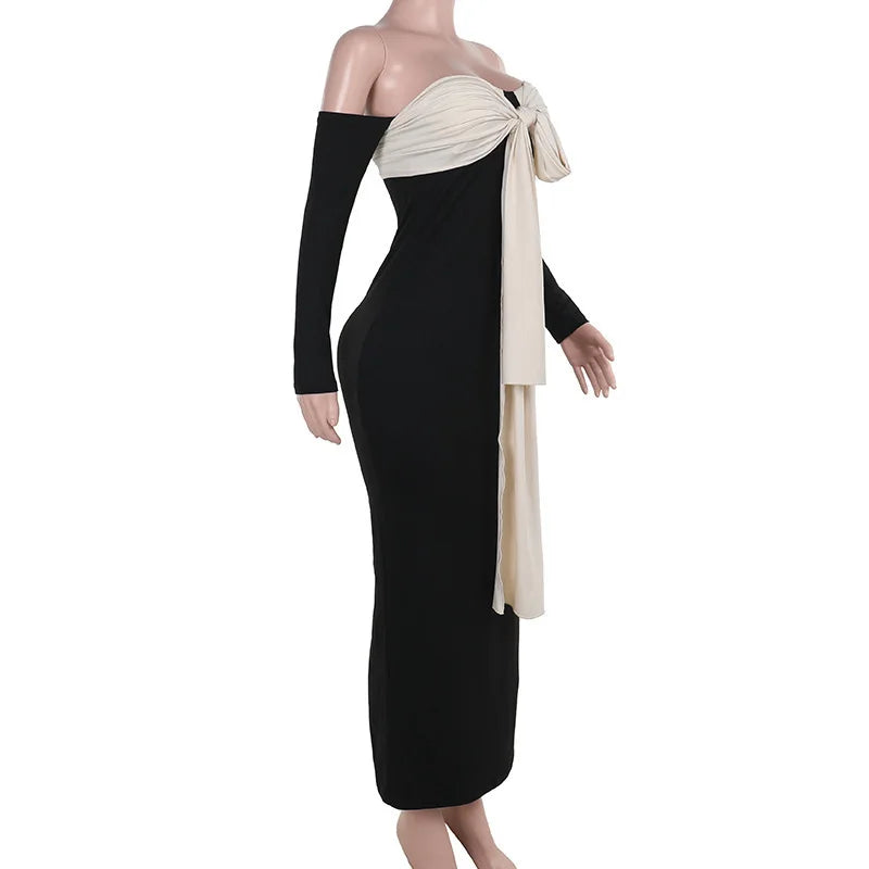 Patchwork Off-shoulder Sexy Maxi Dress For Women Gown Contrast Color Strapless Long Sleeve Bodycon Sexy Long Dress