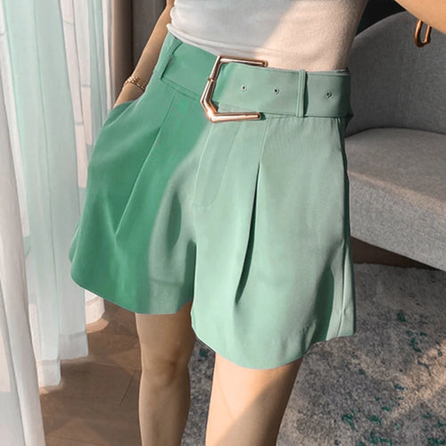 Load image into Gallery viewer, Green Short Pants For Women Hihg Waist Pleasted Casual Loose Patchwork Zipper Temperament Shorts Skirts Female
