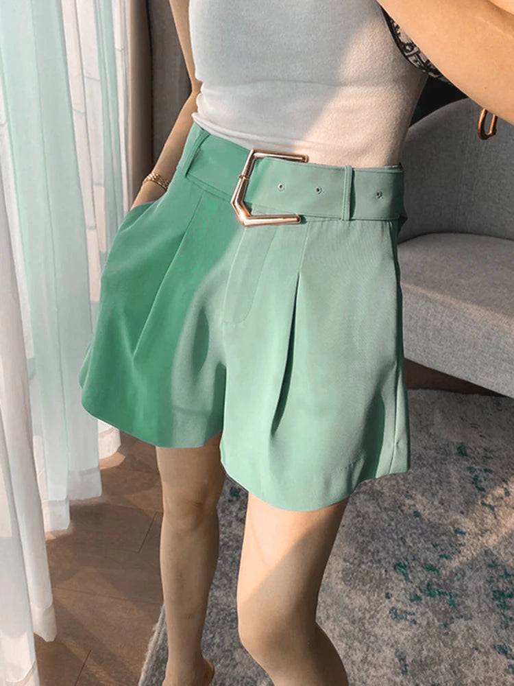 Green Short Pants For Women Hihg Waist Pleasted Casual Loose Patchwork Zipper Temperament Shorts Skirts Female