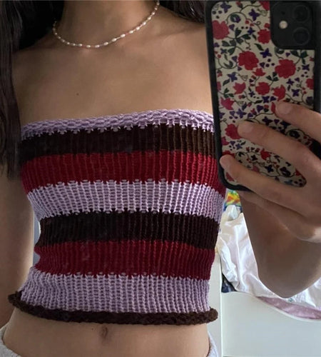 Fairycore Grunge y2k Tops Women Summer Striped Off Shoulder Sleeveless Knitted Bandeau Tees 2000s Clothing Streetwear