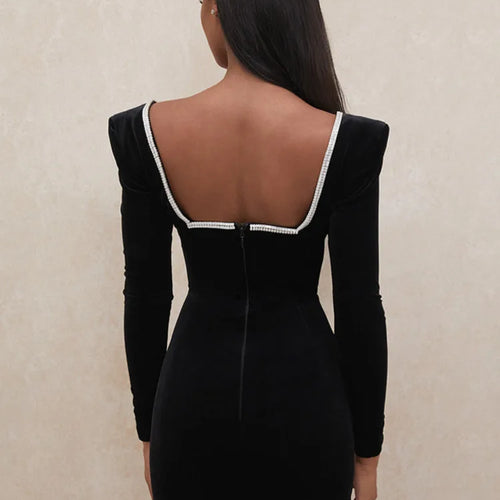 Load image into Gallery viewer, Long Sleeve Sexy Deep V Neck Wired Diamante Crystal Padded Should Bodycon Outfits Women Winter Velvet Party Dress
