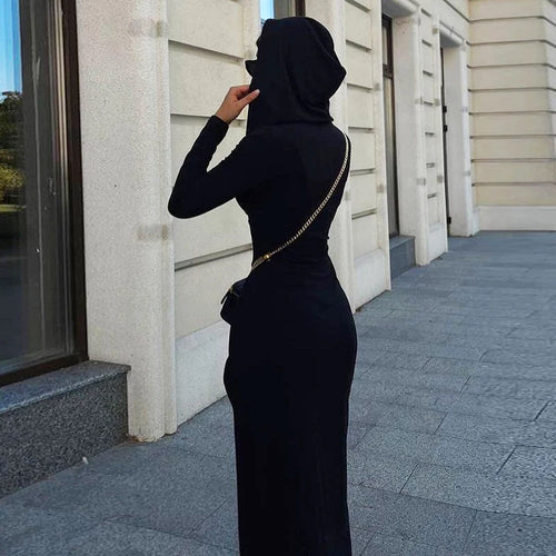 Load image into Gallery viewer, Streetwear Wrap Hooded Asymmetrical Sexy Dress Female Elegant Evening Party Split Long Dress Autumn Clothes Grunge
