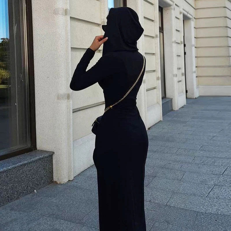 Streetwear Wrap Hooded Asymmetrical Sexy Dress Female Elegant Evening Party Split Long Dress Autumn Clothes Grunge