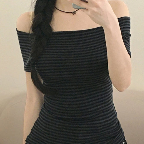 Load image into Gallery viewer, Y2k Aesthetics Stripes Slash Neck Tops Women Harajuku Casual Streetwear T-shirt Vintage Bodycon Simple Tshirts Grunge E-girls
